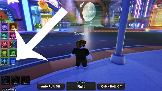 Strzałka wskazująca na przycisk kodów w starciu karty anime w Roblox Game.