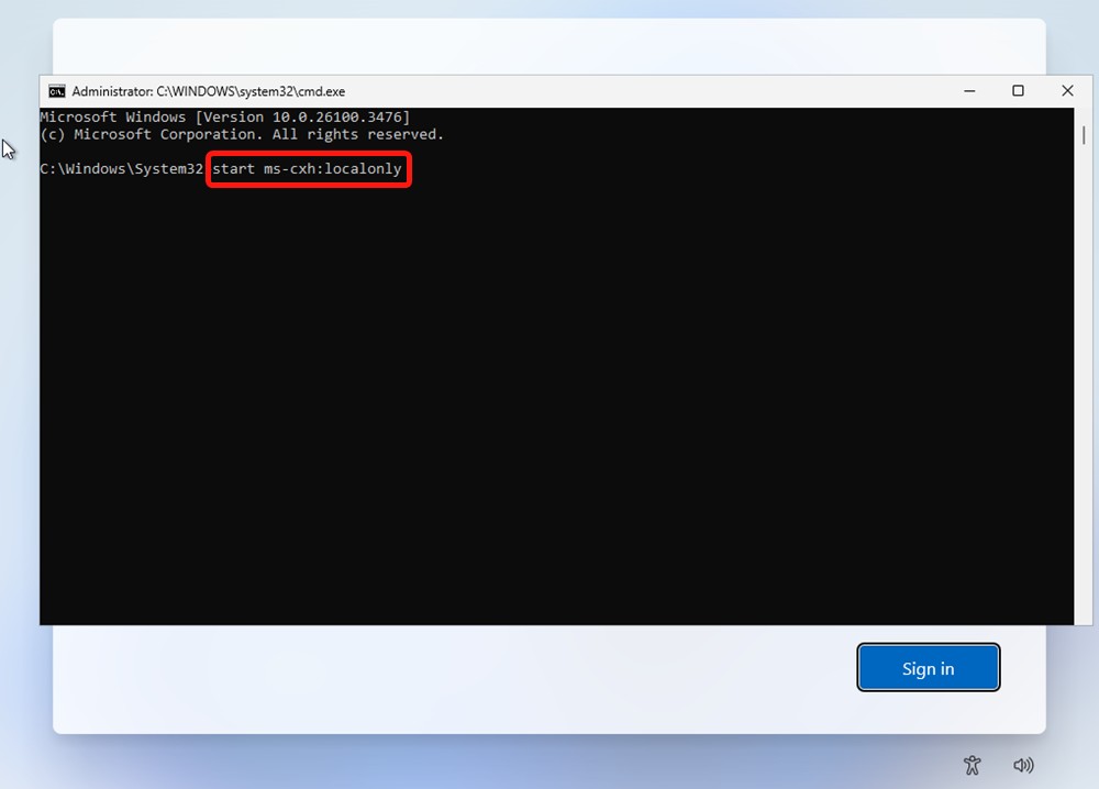 Ảnh chụp màn hình của việc sử dụng lệnh trên Prompt Comment để bỏ qua yêu cầu tài khoản Microsoft trên Windows 11