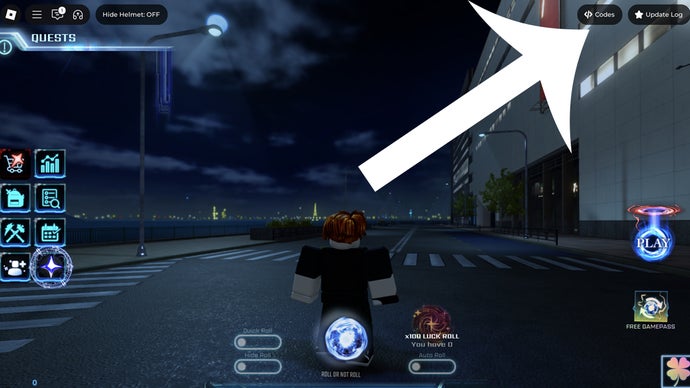 Nuoli, joka osoittaa Roblox Game -metsästäjien koodit -painiketta.