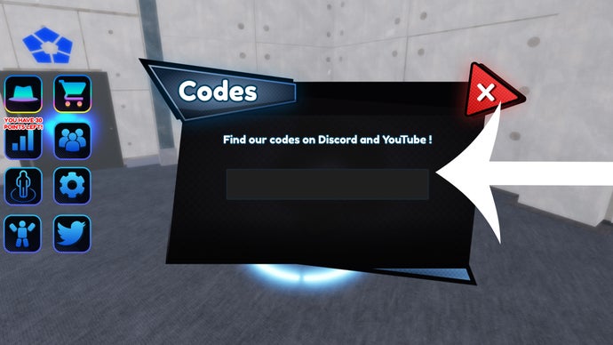 Der Pfeil zeigt auf das Menü, mit dem Codes im Roblox Game Meta Lock eingelöst werden.