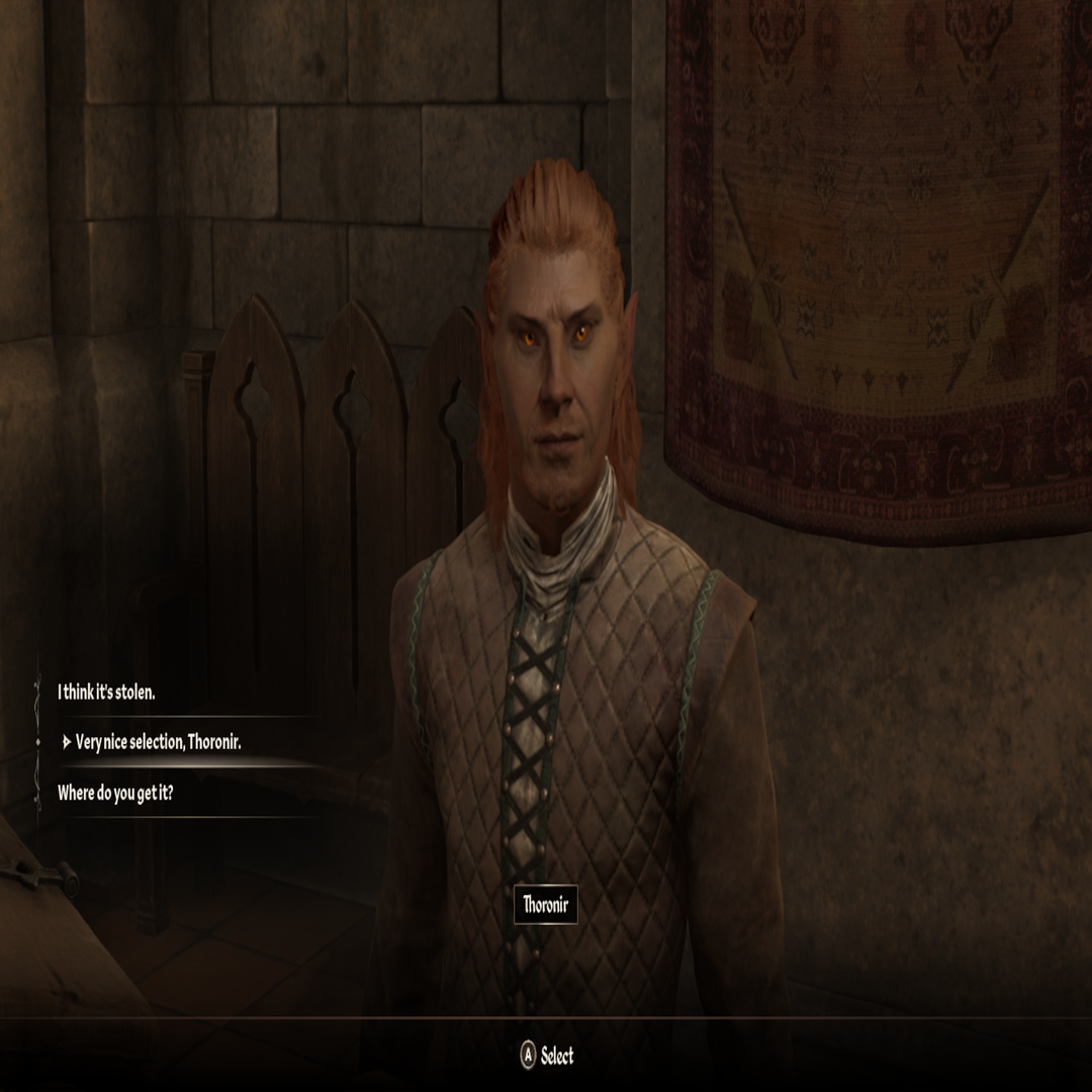 Người chơi thẩm vấn Thoronir trong nhiệm vụ cạnh tranh không thân thiện trong Oblivion Remastered.