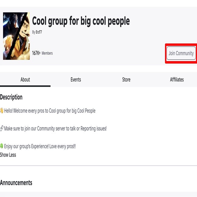Le groupe Roblox pour le projet Egoist avec le bouton de la communauté join a mis en évidence.