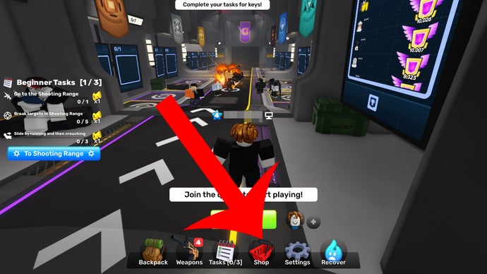 Mũi tên chỉ vào nút cửa hàng trong các đối thủ trò chơi Roblox.