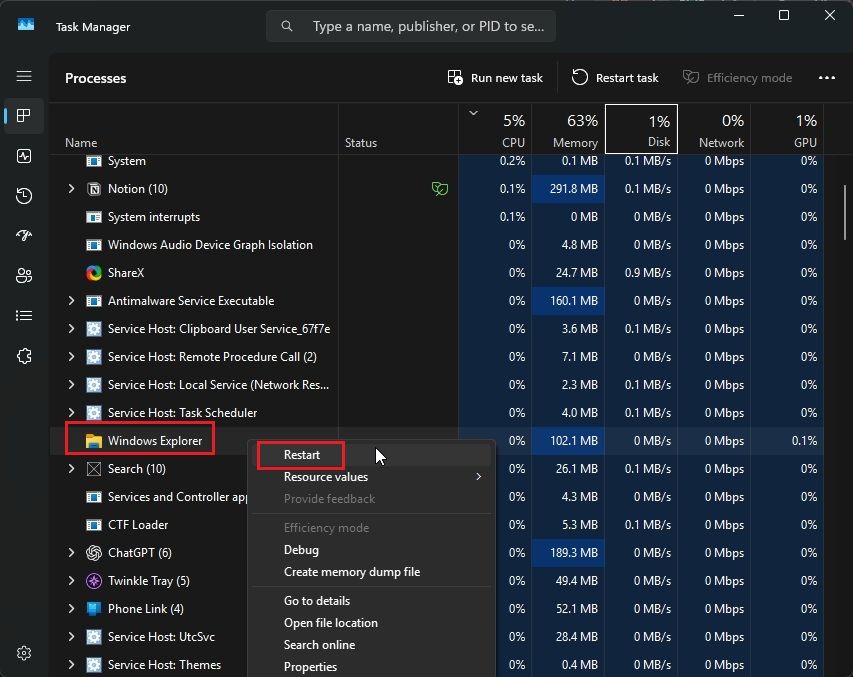 Khởi động lại tệp Explorer trong Windows 11 thông qua Trình quản lý tác vụ