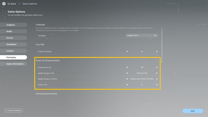 La pantalla de opciones de juego de Inzoi, con la sección Smart Zoi resaltada en oro.