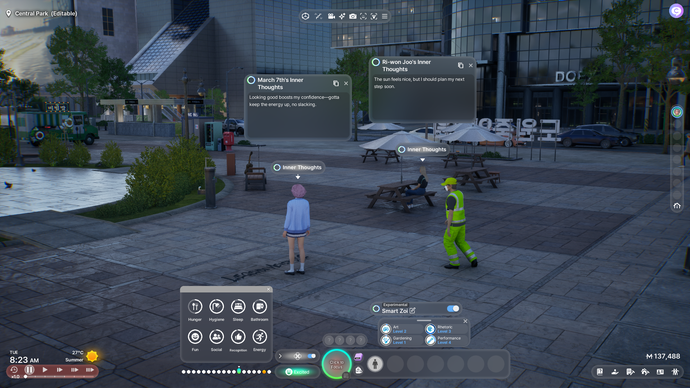 Dos zois en una gran plaza de la ciudad muestran sus pensamientos internos como parte del sistema Smart Zoi.