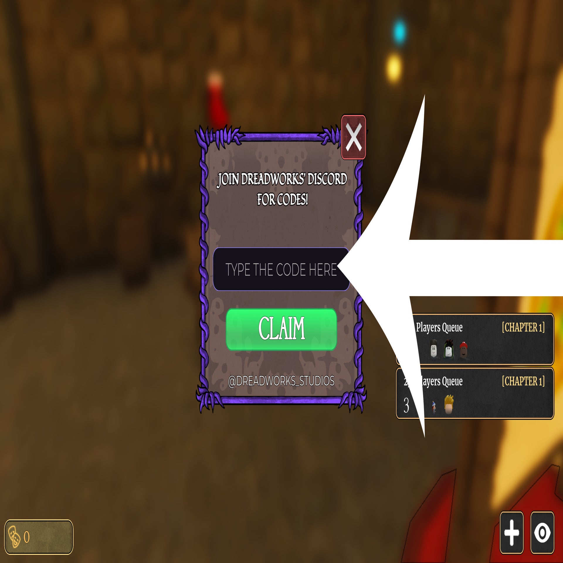 Strzałka wskazująca na menu kodów w grze Roblox.