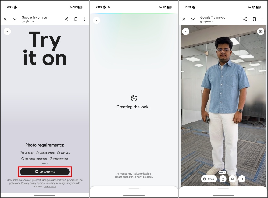 Upload and generate a virtual try on outfit