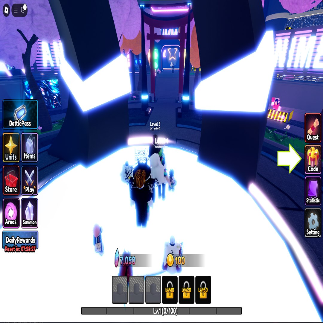 Zrzut ekranu anime Genesis w Roblox pokazujący przycisk kodów gry.