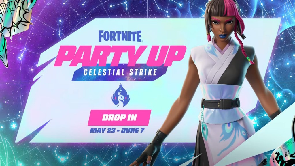 Fortnite Party Up - Himmlischer Streik schalte das Iridia Vayne -Outfit auf