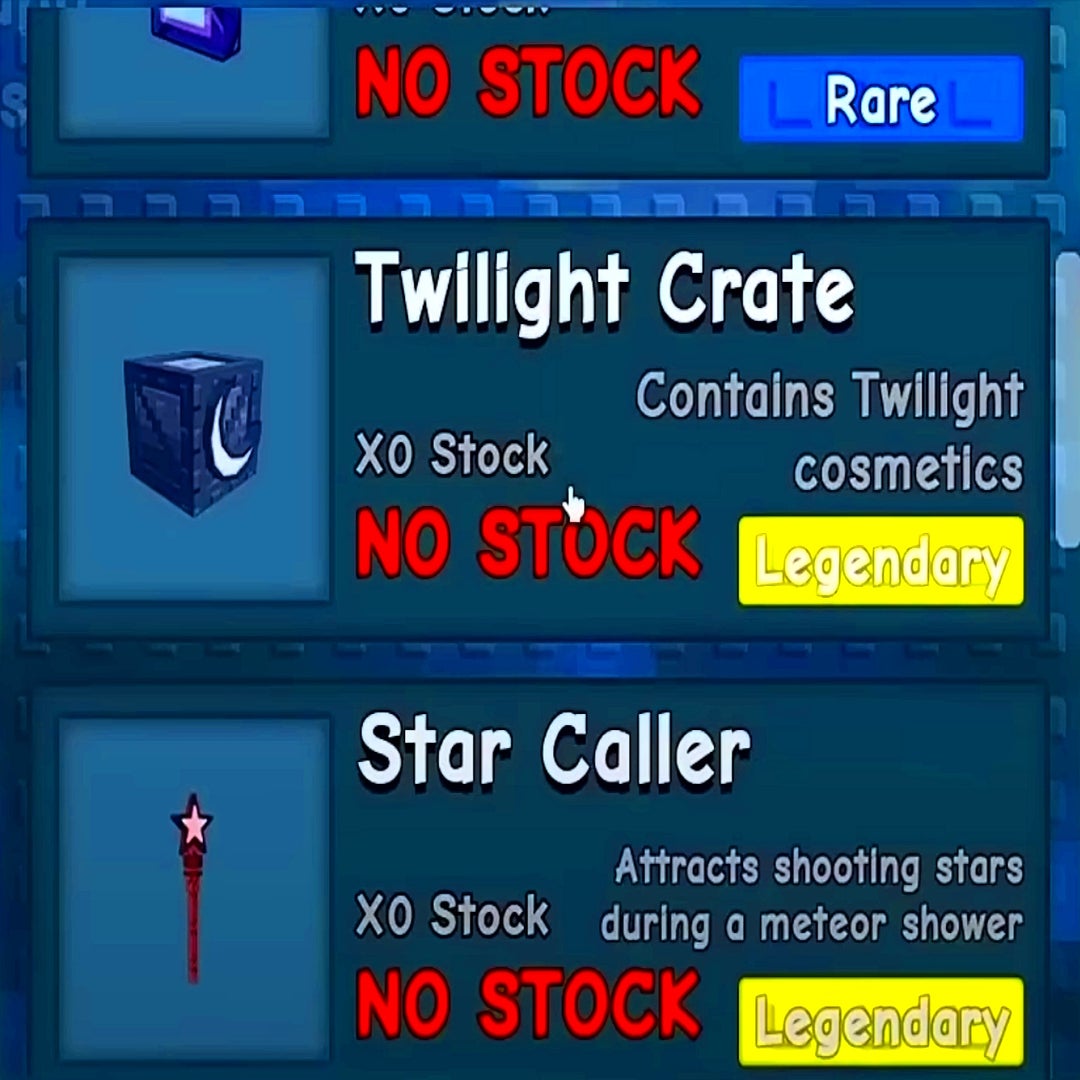 Il menu stock di Twilight Shop in Grow a Garden