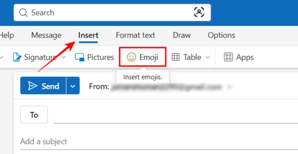 Click on the Insert option and then pick Emoji in Outlook