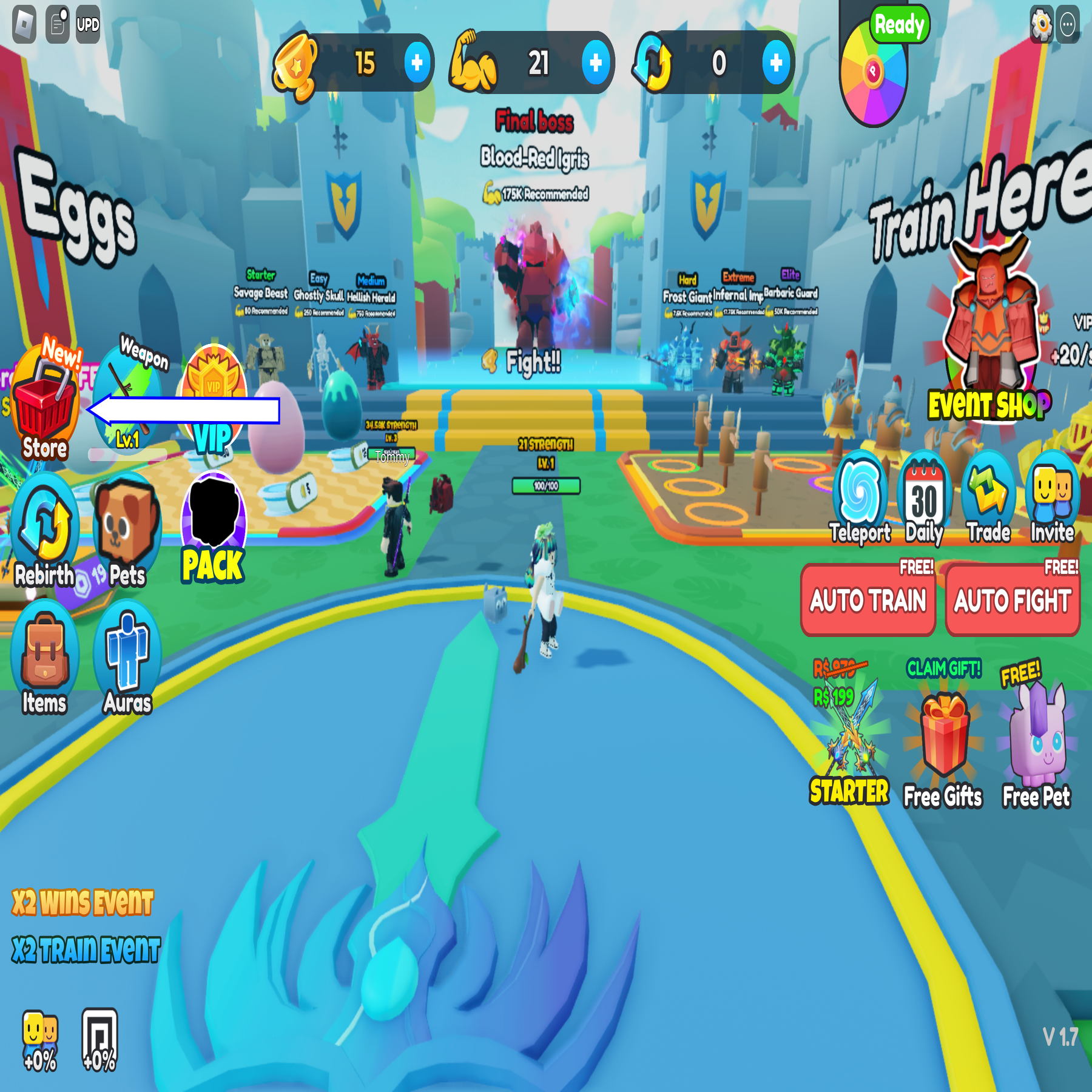 Une capture d'écran de Reborn en tant que Swordsman dans Roblox montrant le bouton du magasin du jeu.