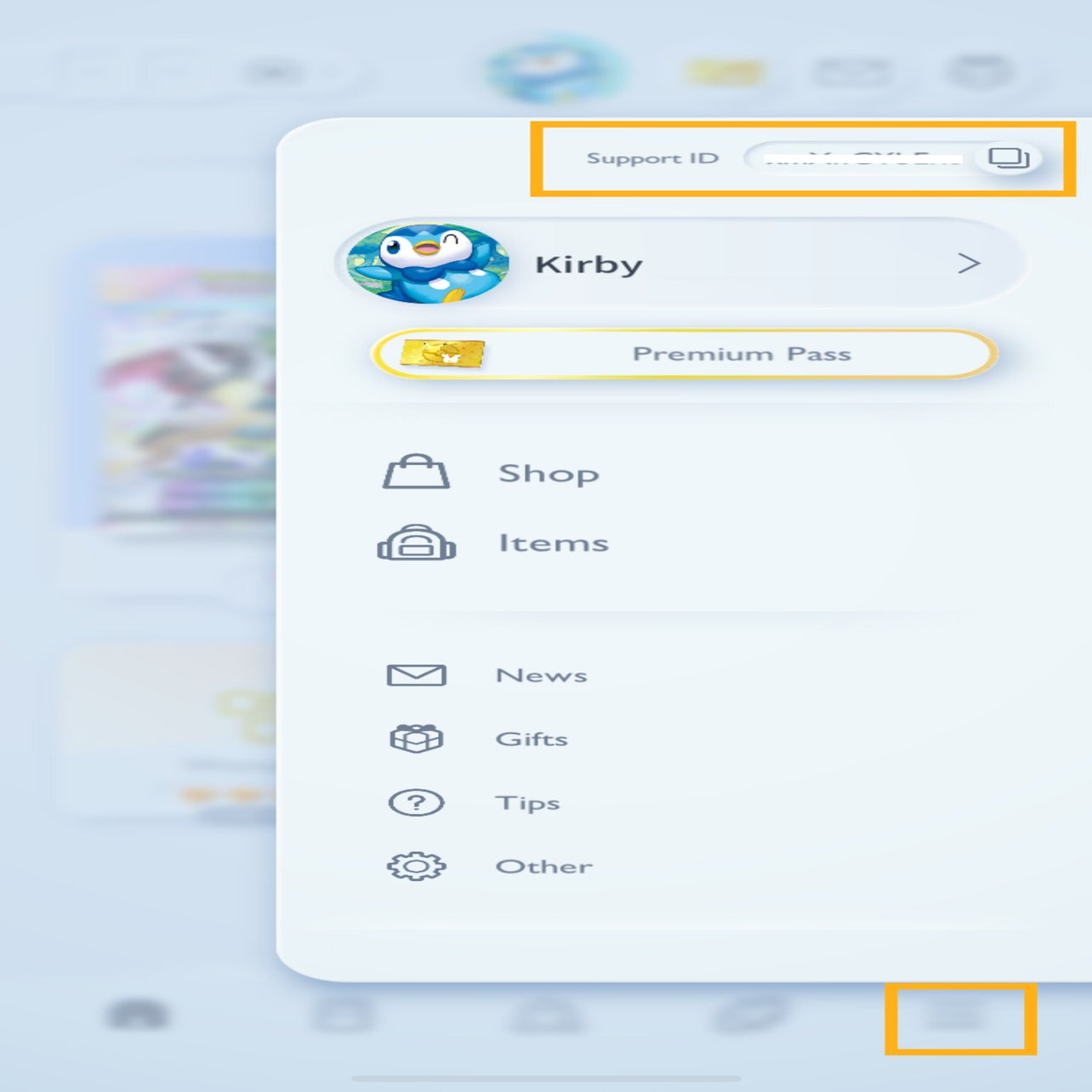 Le menu dans Pokemon TCG Pocket est affiché, avec le bouton de menu et l'ID de support clairement étiqueté