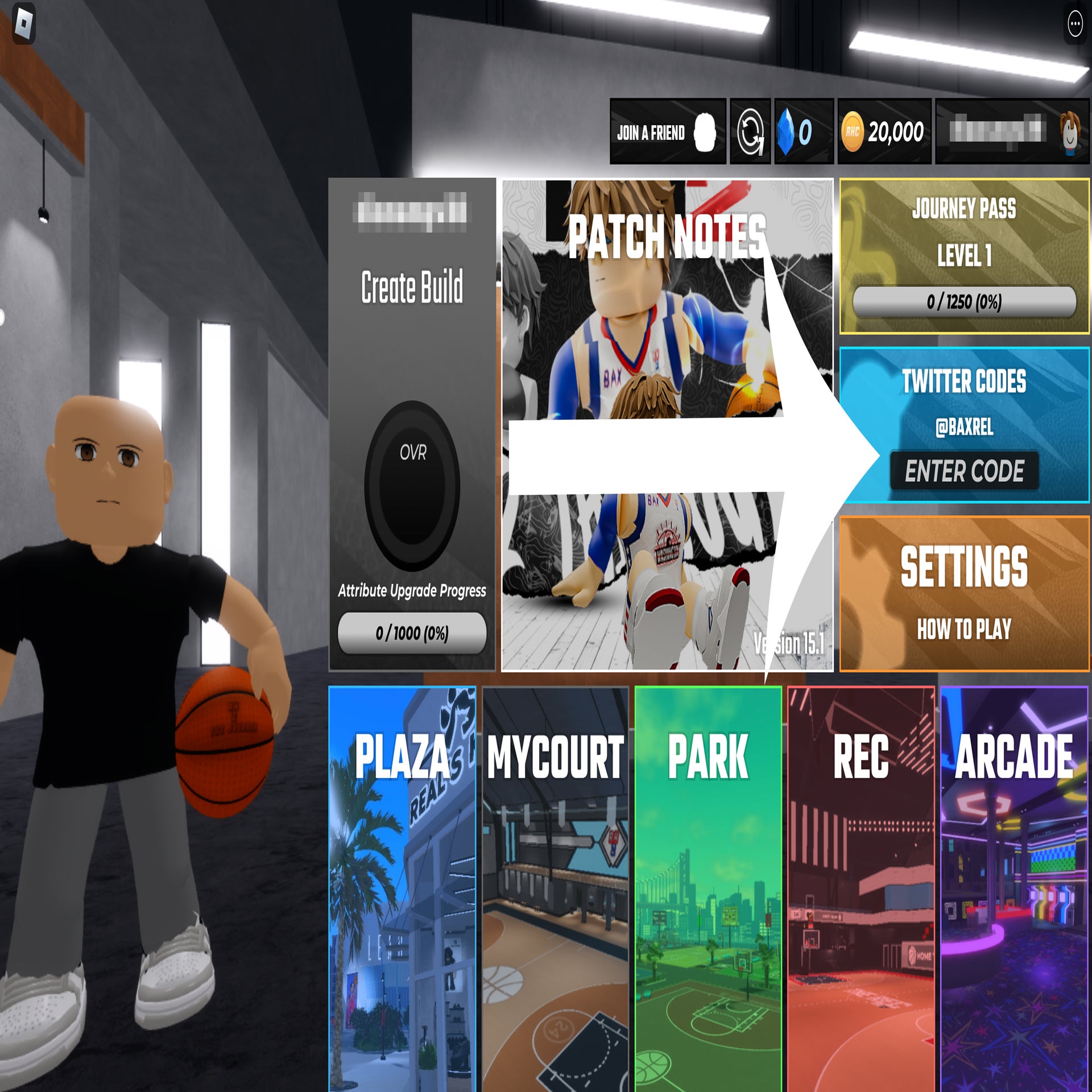 Strzała wskazująca na menu kodów w grze Roblox Rh2 w podróży.