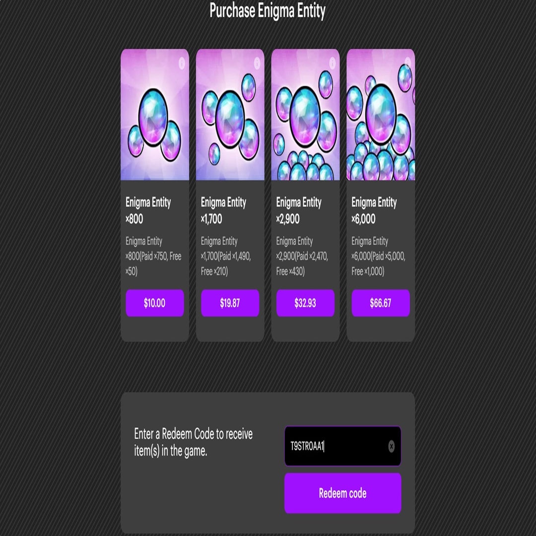 Zrzut ekranu GACHA Game Store pokazuje różne opcje zakupu walut w grze premium oraz bezpłatne pola tekstowe z wykupem kodu na dole.