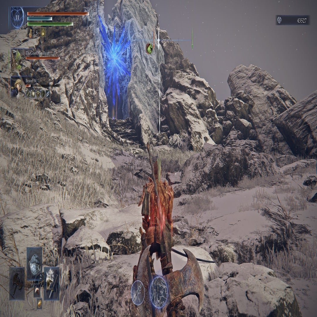 Executor looks at The Mountaintop reward, which is beneath a blue growing crystal at the top of the mountains, in Elden Ring Nightreign