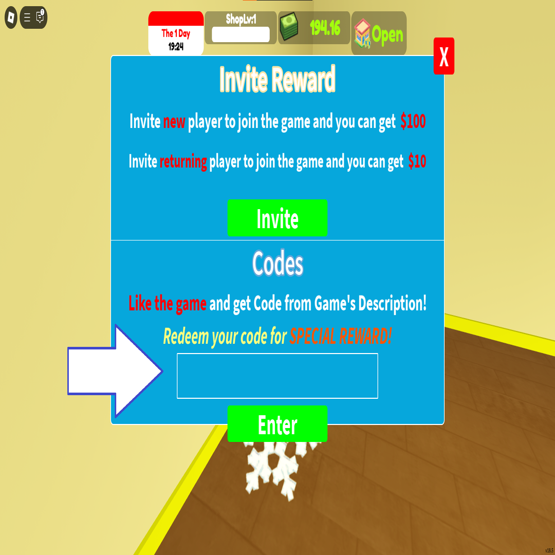Uma captura de tela do simulador de supermercado no Roblox mostrando o campo Codes do jogo.
