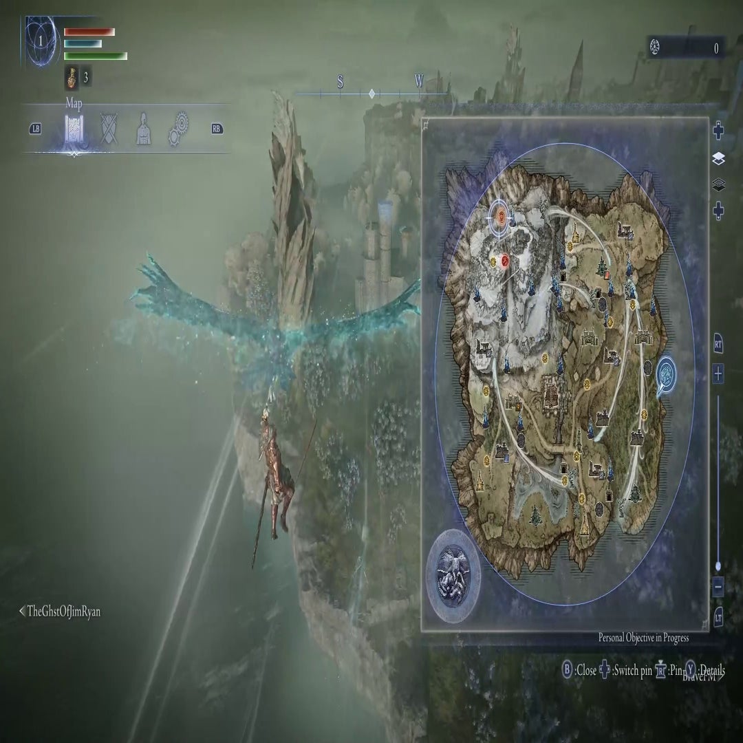 The Executor is flying into Limveld via Spectral Hawk while looking at the map - which has The Mountaintops Shifting Earth event active - in Elden Ring Nightreign