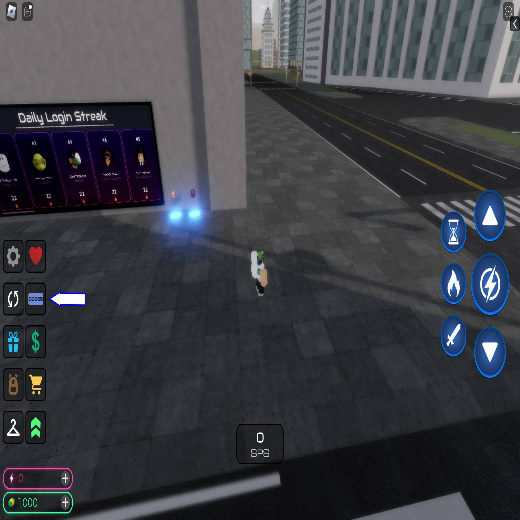 Une capture d'écran de Flashpoint: les mondes entrent en collision dans Roblox montrant le bouton des codes du jeu.