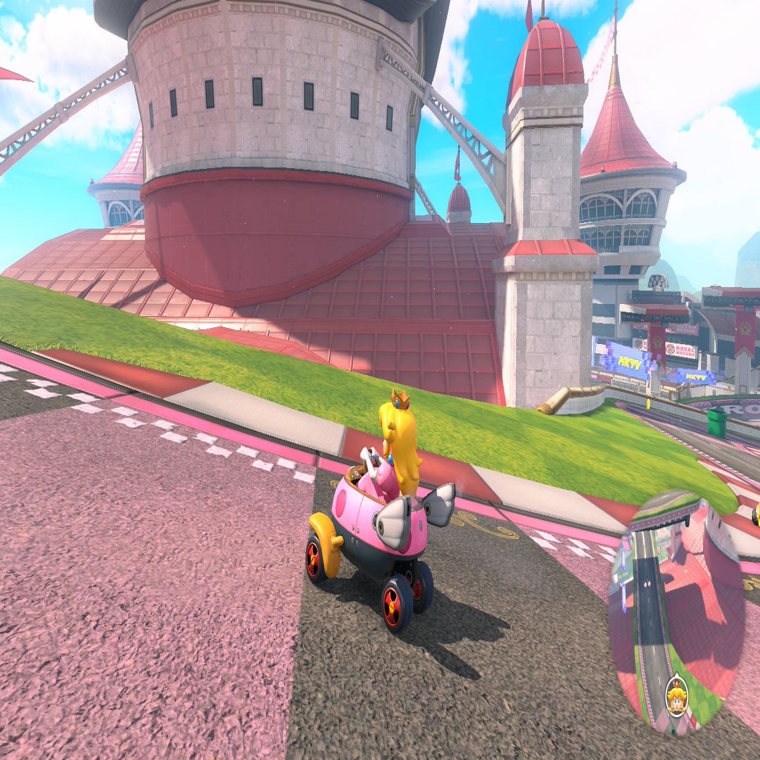 Peach can be seen looking at the rooftop of Peach's Castle in Mario Kart World