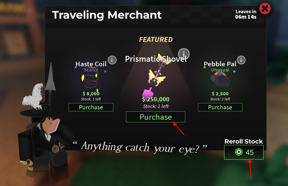 Traveling Merchant menu in Dig