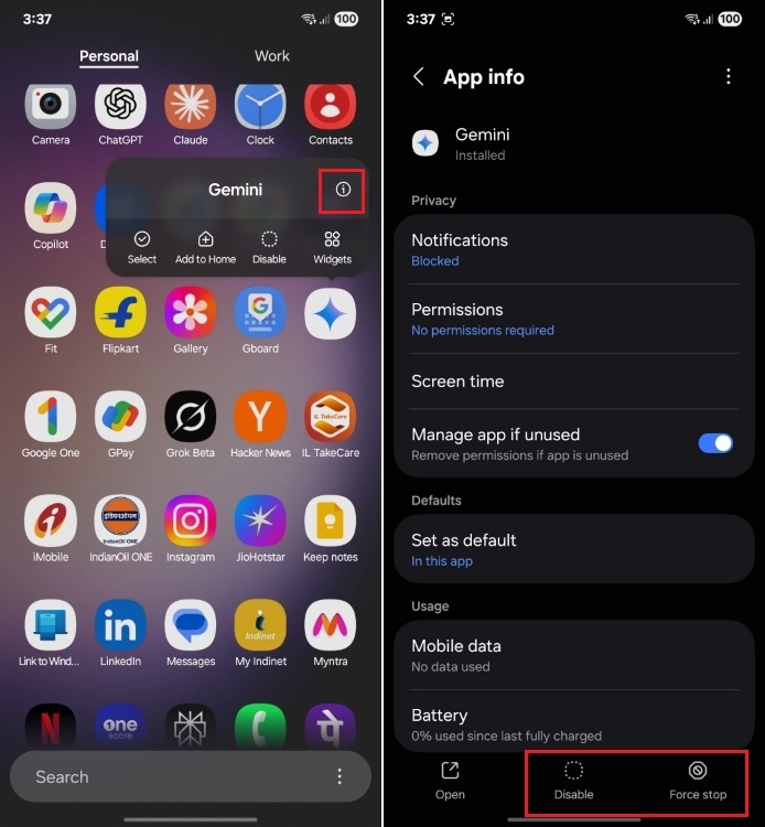 Désactiver l'application Gemini sur Android
