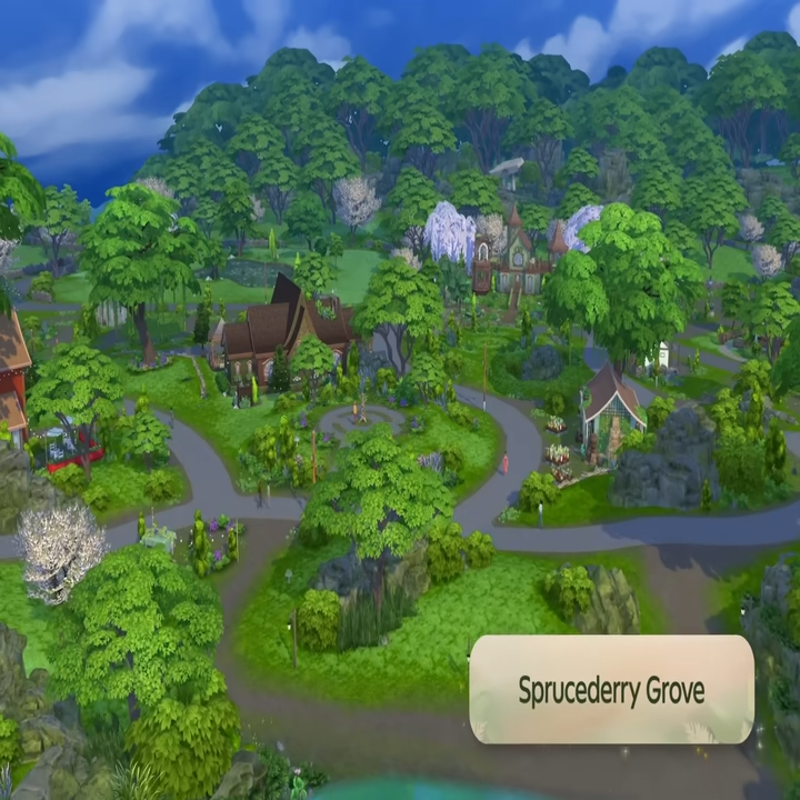 The neighbourhood of Sprucederry Grove in Innesgreen from The Sims 4 Enchanted by Nature; a vibrant green rural hamlet with paths winding between scattered cottages.