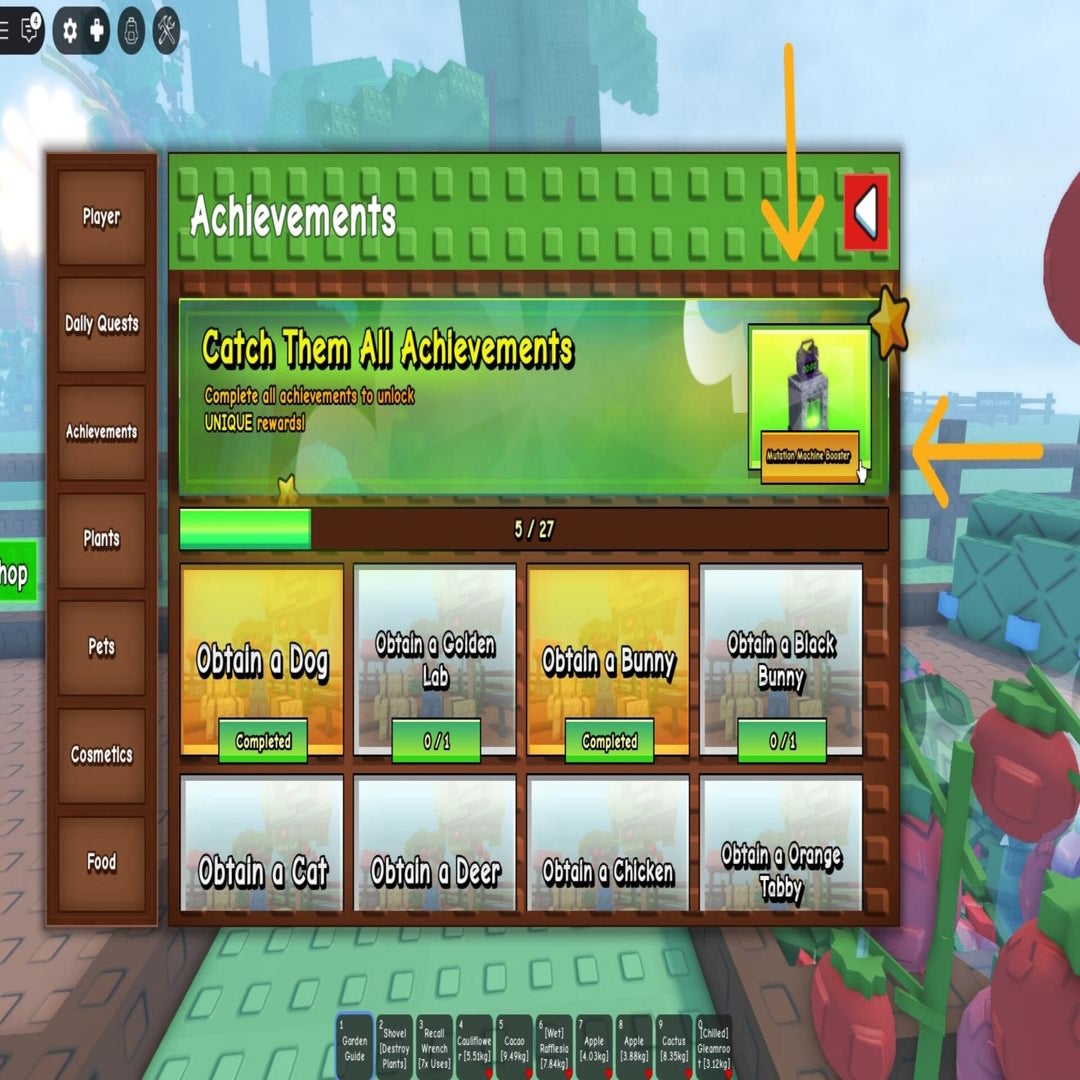 The Mutation Machine Booster reward is labelled in the Core Pet Achievements menu in Grow a Garden