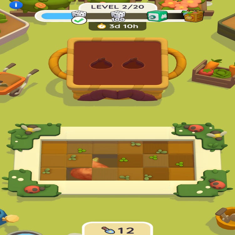 One of the levels in the Monopoly Go Veggie Treasures event, with one piece of buried treasure partially uncovered after the players had dug a few squares.