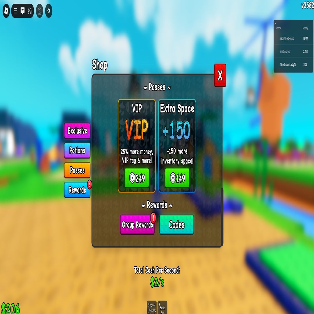 Màn hình bật lên của cửa hàng Plants Vs Brainrots, giao diện menu Roblox đơn giản trên nền mờ hiển thị khu vườn Roblox.